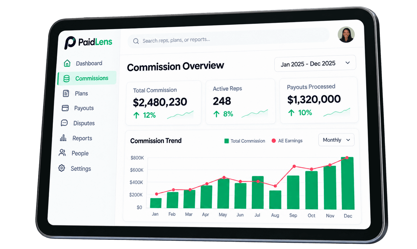 PaidLens commission overview dashboard on a tablet